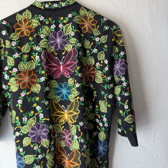 Vintage Jacket Womens L Black Multicolor Embroidered Floral Butterfly Asian Boho - Picture 8 of 8